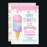 Ice Cream Three Scoops of Fun 3rd Birthday Party Invitation<br><div class="desc">Cute birthday invitation in style. 
Theme: Ice Cream - 3 Scoops of Fun.
Occasion: Kid Girl 3rd Birthday Party.
Style: Cute,  Cheerful,  Fun,  Elegant.
Colours: Pink,  Purple,  Turquoise,  White.
Graphics: Ice Cream,  Ice Cream Truck,  Pastel Balloons,  Polka Dots.</div>