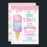 Ice Cream Three Scoops of Fun 3rd Birthday Party Invitation<br><div class="desc">Cute birthday invitation in style. 
Theme: Ice Cream - 3 Scoops of Fun.
Occasion: Kid Girl 3rd Birthday Party.
Style: Cute,  Cheerful,  Fun,  Elegant.
Colours: Pink,  Purple,  Turquoise,  White.
Graphics: Ice Cream,  Ice Cream Truck,  Pastel Balloons,  Polka Dots.</div>