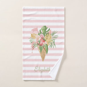  Ice cream,Tropical Leaves Fruit,Pink Stripes   Bath Towel Set