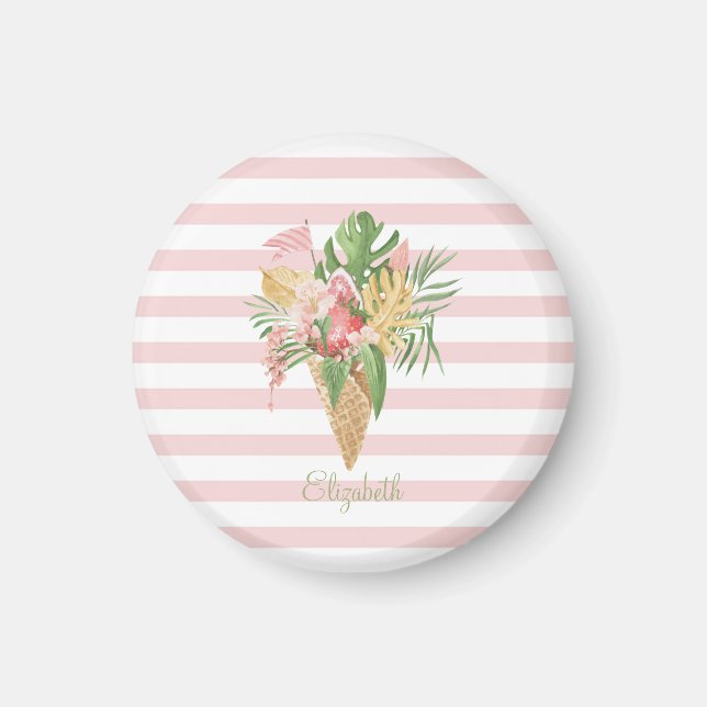  Ice cream,Tropical Leaves Fruit,Pink Stripes   Magnet (Front)
