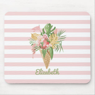  Ice cream,Tropical Leaves Fruit,Pink Stripes   Mouse Pad
