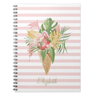 Ice cream,Tropical Leaves Fruit,Pink Stripes Notebook