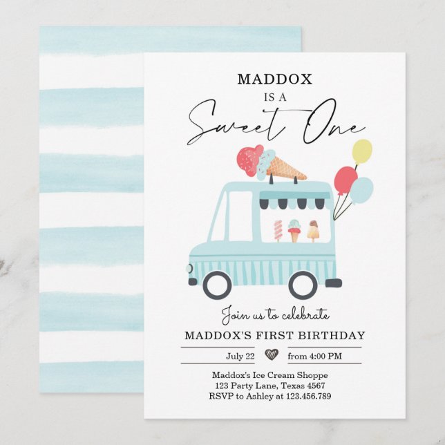 Ice Cream Truck 1st Birthday Invite Boy Sweet One (Front/Back)