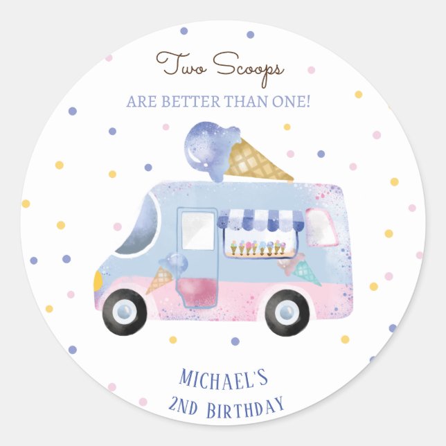 Ice cream truck 2 scoops second birthday classic round sticker (Front)