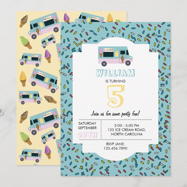 Ice Cream Truck Design Birthday Party Invitation (Front/Back)