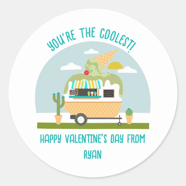 Ice Cream Truck Green Classroom Valentine  Classic Round Sticker (Front)
