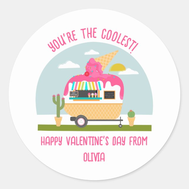Ice Cream Truck Pink Classroom Valentine  Classic Round Sticker (Front)