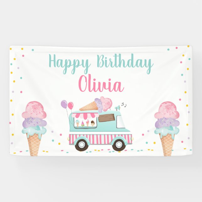 Ice Cream Truck Pink Teal Girl Birthday Backdrop Banner (Horizontal)