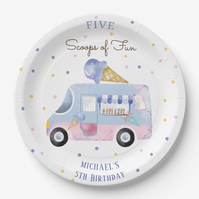 Ice cream truck Scoops of fun kids birthday Paper Plate (Front)