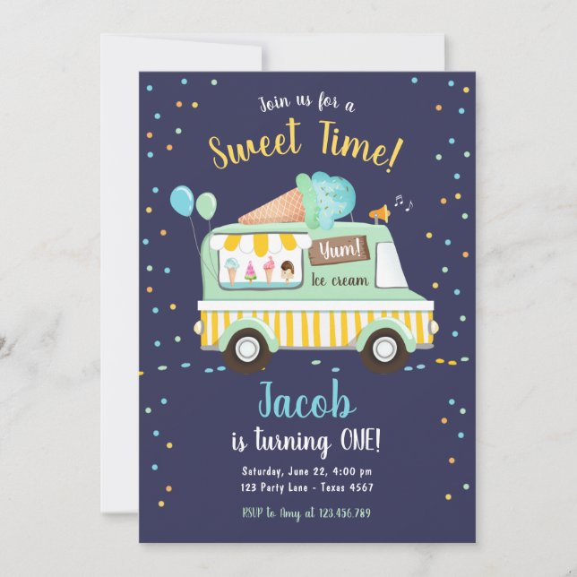 Ice Cream Truck Sweet Time Boy Mint Blue Birthday Invitation (Front)