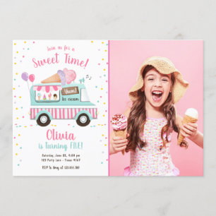 Ice Cream Truck Sweet Time Pink Girl Birthday Invitation