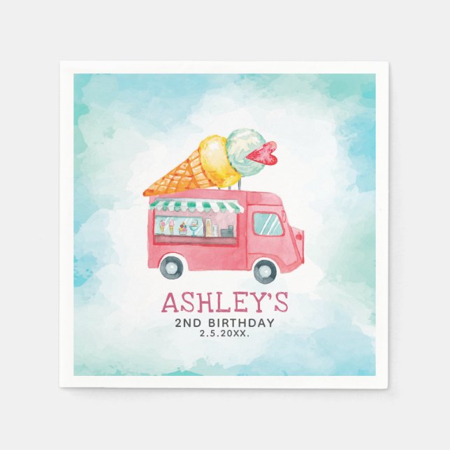 Ice Cream Truck Watercolor Birthday Napkin (Front)