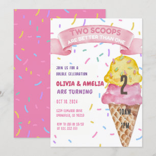 Ice Cream Twin Girls Two Scoops Birthday Invitation