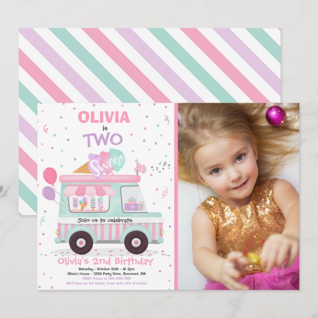 Ice Cream Two Sweet 2nd Birthday Ice Cream Truck I Invitation (Front/Back)