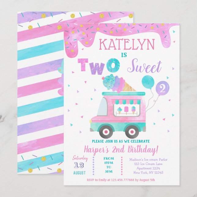 Ice Cream Two Sweet 2nd Birthday Invitations (Front/Back)