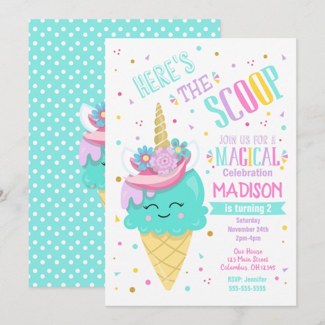 Ice Cream Unicorn Invitation Anniversaire Magique (Devant / Derrière)
