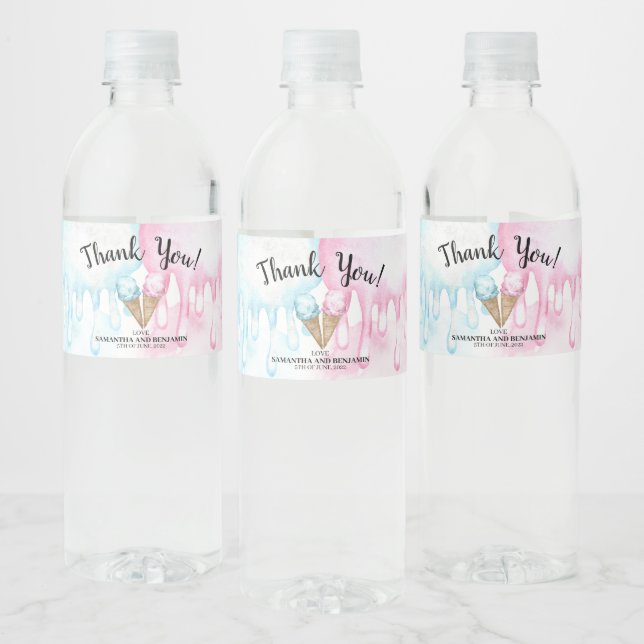 Ice cream water bottle label for gender reveal. (Bottles)