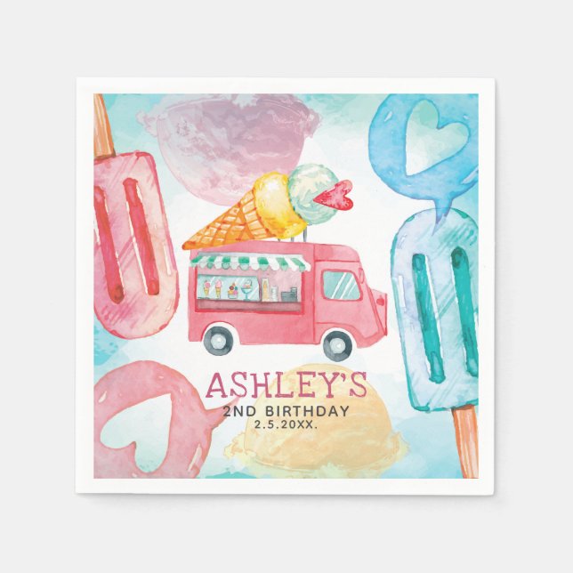Ice Cream Watercolor Birthday Napkin (Front)