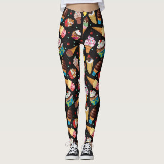 Ice Cream Whimsical Patterned Leggings Black