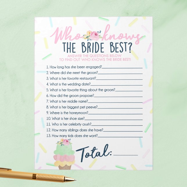 Ice Cream Who Knows The Bride Best Game Pack Notepad (Who Knows the Bride Best Ice Cream Scooped Up Bridal Shower Game Pack of 40 Answer Sheets)