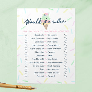 Ice Cream Would She Rather Bridal Shower Game Pack Notepad