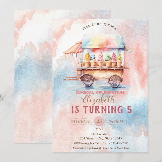 Ice Creams Watercolor Splash Birthday Invitation (Front/Back)