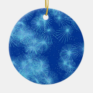 Ice crystal starbursts, blue background ceramic ornament