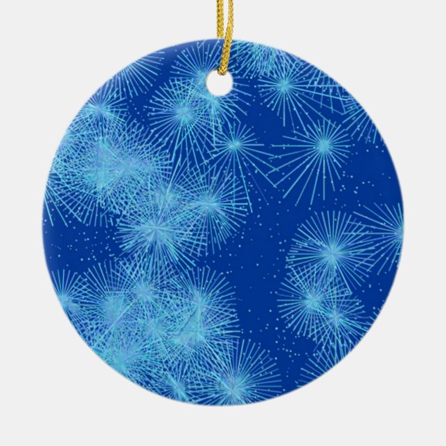 Ice crystal starbursts, blue background ceramic ornament (Front)