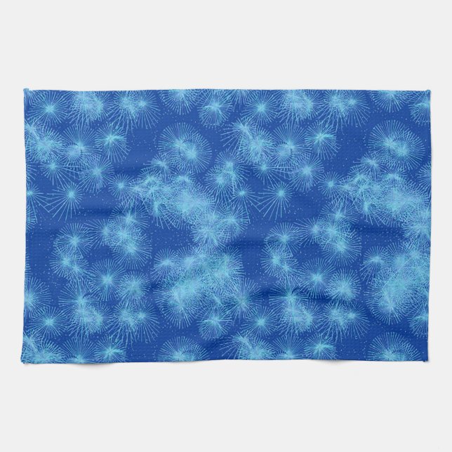 Ice crystal starbursts, blue background kitchen towel (Horizontal)