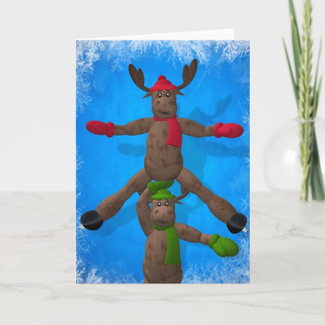 Ice Dancing Whimsical Reindeer Couple Holiday Card (Front)