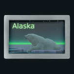 Ice Edge Polar Bear Rectangular Belt Buckle<br><div class="desc">A peaceful moment in the long Arctic night. A Polar Bear rests at the edge of an open area in the pack ice.The Northern Lights glow in the distance; bright stars twinkle overhead. Text reading "Alaska" appears in glowing green and white. Polar bears are endangered. How much longer will scenes...</div>
