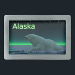 Ice Edge Polar Bear Rectangular Belt Buckle<br><div class="desc">A peaceful moment in the long Arctic night. A Polar Bear rests at the edge of an open area in the pack ice.The Northern Lights glow in the distance; bright stars twinkle overhead. Text reading "Alaska" appears in glowing green and white. Polar bears are endangered. How much longer will scenes...</div>