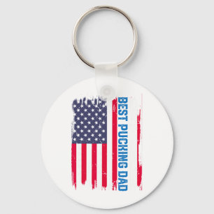 Ice Hockey Best Pucking Dad Usa American Flag Fath Keychain