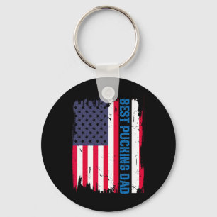 Ice Hockey Best Pucking Dad Usa American Flag Fath Keychain
