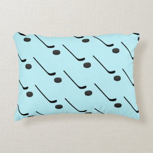 Ice Hockey Black Colour Sticks Puck Light Blue Accent Pillow