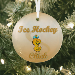 Ice Hockey Chick Glass Ornament