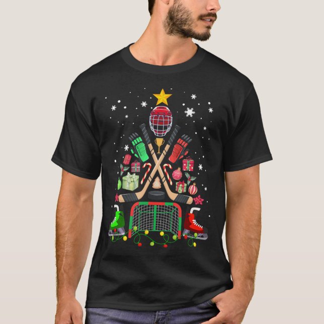 Ice Hockey Christmas Tree Funny Xmas Pajama Hockey T-Shirt (Front)