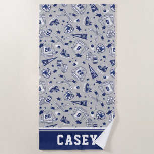 Ice Hockey Gear Grey Navy White Outline Print Beach Towel