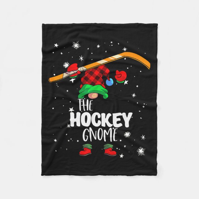 Ice Hockey Gnome Red Buffalo Plaid Matching Family Fleece Blanket (Front)
