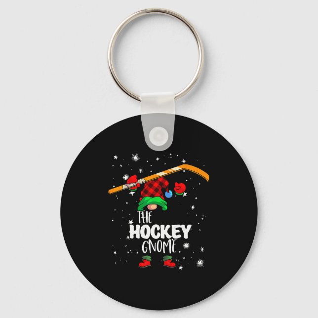 Ice Hockey Gnome Red Buffalo Plaid Matching Family Keychain (Front)