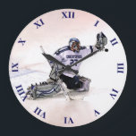 Ice Hockey Goalkeeper With Your Name Drawing Large Clock<br><div class="desc">Ice Hockey Goalkeeper With Your Name Drawing in blue,  grey and white. You can fully customize it with you name,  team name and number. Perfect for ice hockey player or just hockey fans</div>