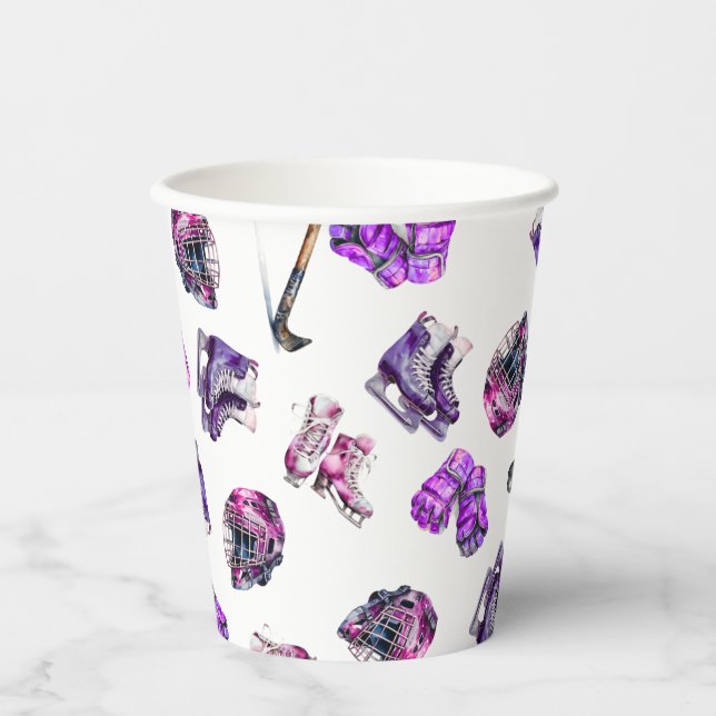 Ice Hockey Ice-Skating Girls Pink Purple Birthday  Paper Cups (Front)