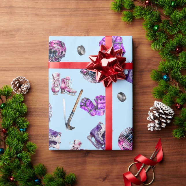 Ice Hockey Ice-Skating Girls Pink Purple  Wrapping Paper (Holiday Gift)