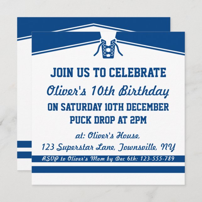 Ice Hockey Jersey Themed Party Invitations, Blue Invitation (Front/Back)