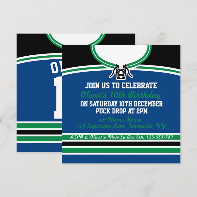 Ice Hockey Jersey Themed Party Invites Template (Front/Back)