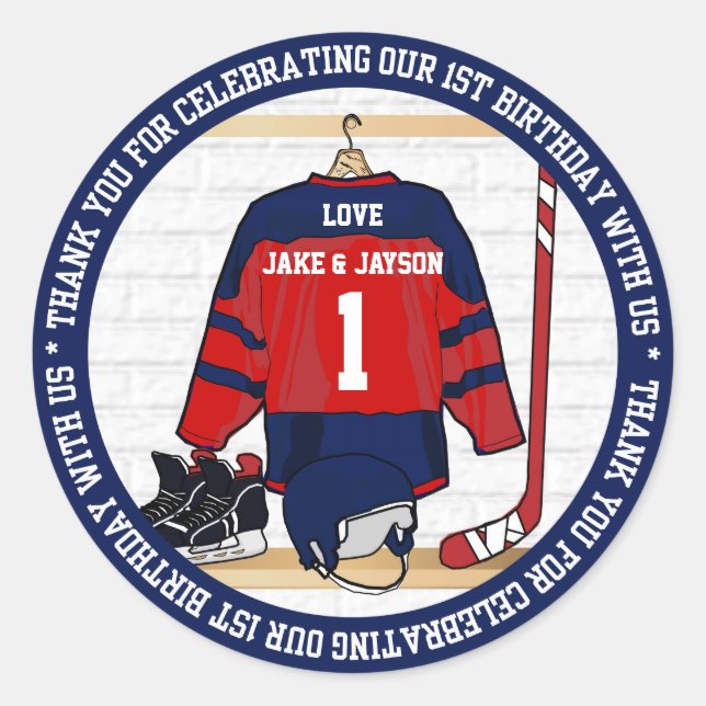 Ice Hockey Jersey Twins 1st Birthday Classic Round Sticker (Front)