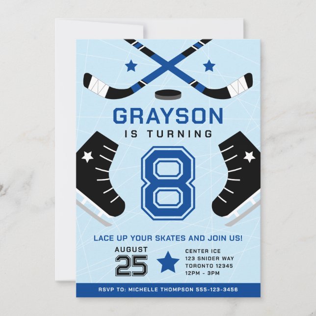 Ice Hockey Kids Birthday Party Blue Invitation (Front)
