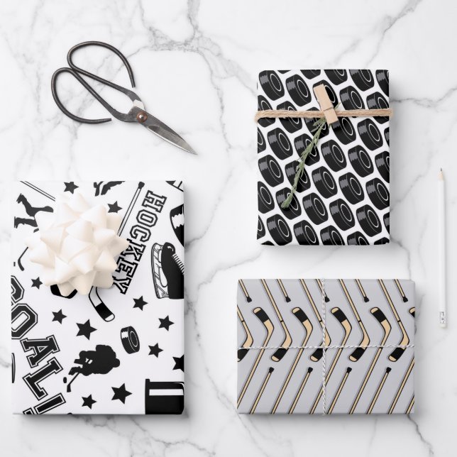 Ice Hockey Pattern Pucks Sticks Player Game Sports Wrapping Paper Sheet (Front)