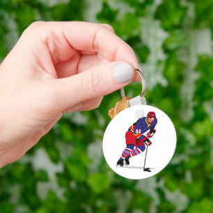 Ice Hockey Player in Action Red and Blue Team Keychain