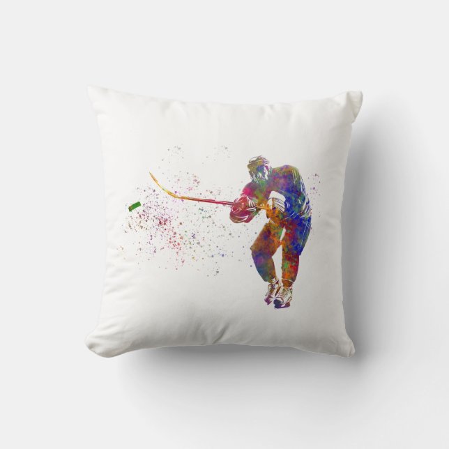 Ice hockey player in watercolor throw pillow (Front)